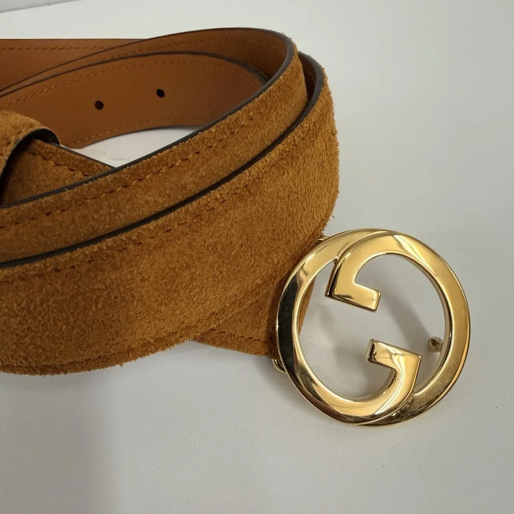 Gucci Suede Blondie Belt Cognac NWT GG Gold Interlocking Buckle Size 100